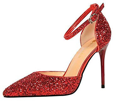 Womens High Heel Glitter Ankle Strap Stiletto Pointed Closed Toe Party Prom Clubbing Court Shoes Sandals Red UK 4