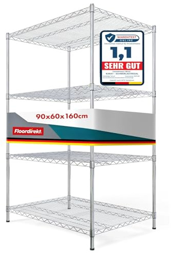 Scaffale con ripiani a griglia Everest, in metallo, portata circa 70 kg per ripiano. Sistema di stoccaggio multifunzionale, cromato, disponibile in diverse dimensioni (90 x 60 x 160 cm, 4 ripiani)