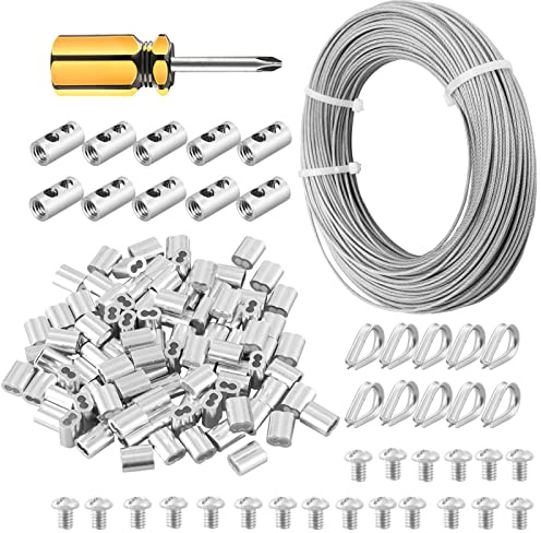 Abimars Cuerda de alambre de acero inoxidable de 2 mm, 100 m, con bucle de crimpado de aluminio, alambre para colgar cuadros con revestimiento de vinilo 304, núcleo de 7 x 7 hilos para tendedero,