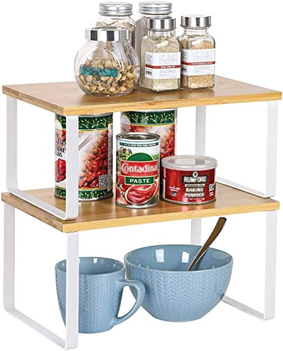 Kitchen Cabinet & Counter Shelf Organizer, Bamboo Cupboard Organizer | Stackable & Expandable, Space Saving Pantry Organizers Bathroom Countertop Storage, Set of 2, Natural/White