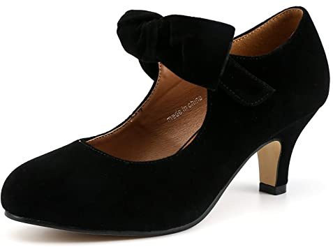 LIURUIJIA Women's Bow Heels Mary Jane Kitten Heel Pumps Round Toe Low Heels Ankle Strap Wedding Black Dress Evening Party Shoes Size 7.5