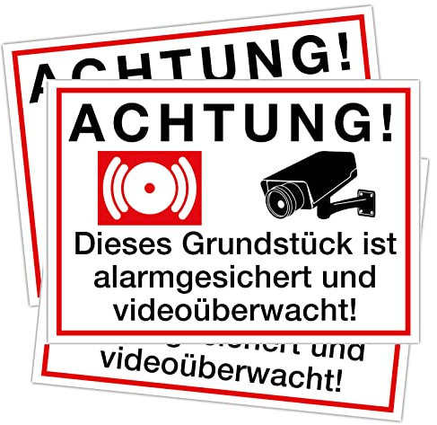 Clever Pool 3 Aufkleber Achtung Videoüberwachung Schild – DIN A4 – wetterfest - Kameraüberwachung – Einbruchschutz – Warnschilder, Hinweisschilder (Motiv Video und Alarm)