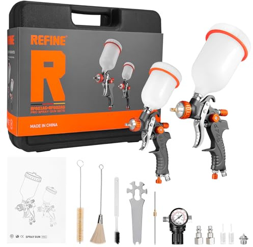 REFINE HVLP Air Gravity Spray Gun Sets, 2-Spray Paint Gun, 1.0mm 100ml & 1.4/1.7mm 600ml Auto Paint Sprayer Gun with Air Regulator for Car Paint, Primer, Topcoat & Touch-Up, Furniture, House Painting.
