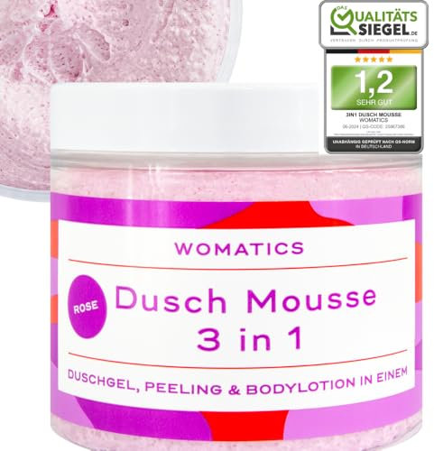 Womatics 3-in-1 Dusch Mousse – Duschgel, Peeling & Bodylotion in Einem, Sanftes Zuckerpeeling, vegan & frei von bedenklichen Inhaltsstoffen (Sorte: Rose)