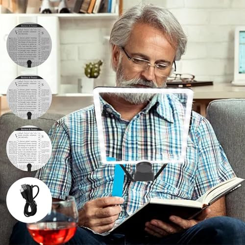 Pumwoy 5X Lente D'ingrandimento da Lettura, Lente D'ingrandimento a Mani Libere con Luce Ricarica USB, Lente D'ingrandimento a Pagina Intera per Anziani e Lettura, Lente D'ingrandimento da Collo