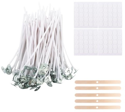 ASelected 200 Stück Kerzendocht Set 10 cm Dochte für Kerzen Kerzen Docht Set mit Halterungen und Befestigungsaufklebern Rauchfrei Kerzendocht Cotton Candle Wick für Die Kerzenherstellung Candle DIY