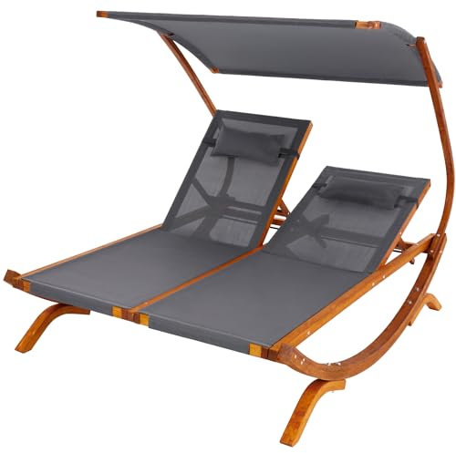 di volio Sonnenliege mit Dach Pionza, Doppelliege mit Verstellbarer Rückenlehne, Gartenliege aus Holz für 2 Personen - wetterfest & bequem (Grau)
