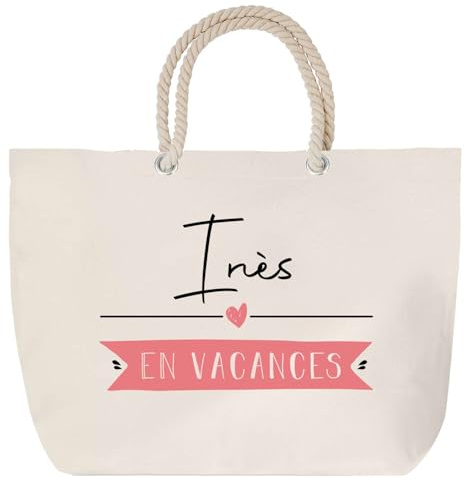 Planetee Sac de Plage Ines en Vacances – Cadeau Femme Anniversaire Noël – Grand Sac de Transport, Sport – Coton et Anse Corde