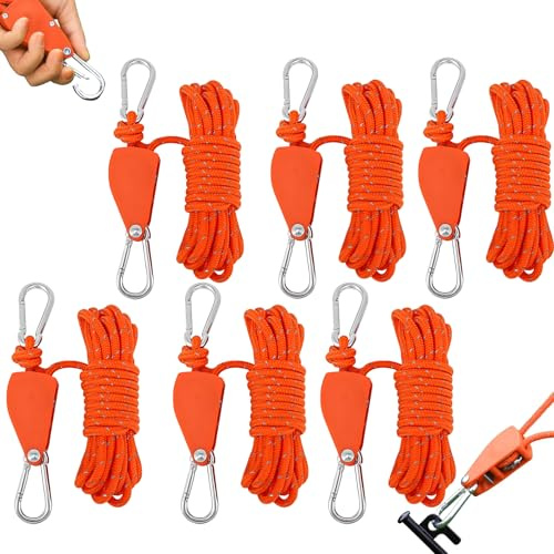 6 pezzi 4 mm corda regolabile cricchetto, lunghezza cricchetto regolabile 4 m, corde di tensionamento con tendicavo 4 mm di diametro, con freno a fune e moschettone, arancione, per campeggio e tenda