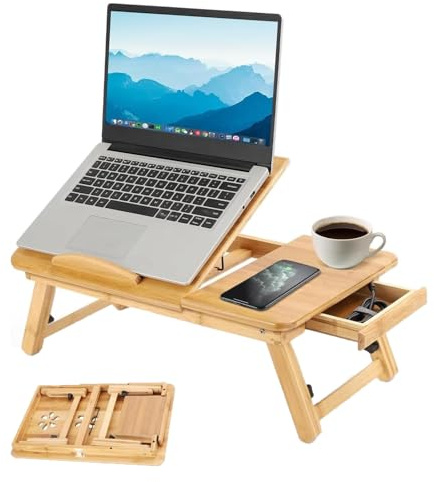 BREEZENEST Bamboo Laptop Bed Table with Drawer - Foldable Bed Desk, Wooden Computer Stand for Home Office, Adjustable Height Tray with Anti-Slip Baffle, Natural