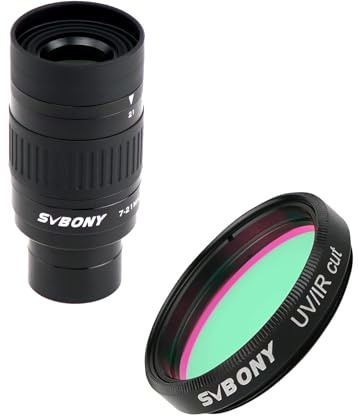 Svbony SV135 Telescope Eyepiece, Zoom Eyepiece 1.25'' 7-21mm, Element 4 Group FMC Lens, 57°-40° FOV, Buddle with UV/IR Cut Filter Telescope Filters 1.25 Multi Coating, for Astro Observation