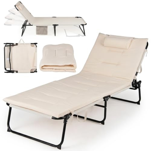 COSTWAY Folding Sun Lounger with Cushion, Garden Recliner Chair (Beige) | Headrest, Side Pocket, 4-Position Adjustable Patio Lounge Chair Sunbed, Metal Frame Outdoor Camping Bed, for Beach Poolside