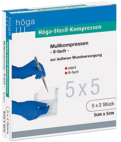 Höga Steril-Kompressen, sterile Mullkompressen - 5 x 5 cm - 5x2 Stück, steril, 8-fach, EN 14079-Typ 17, 3er-Pack
