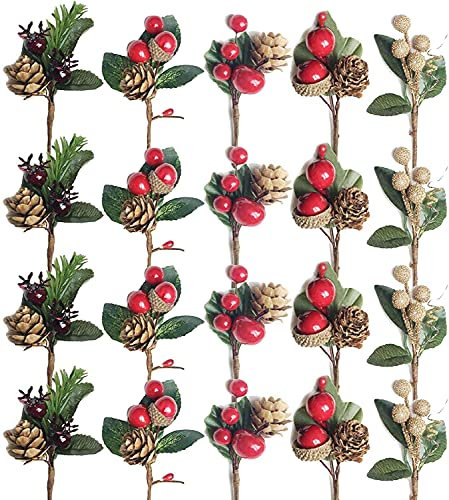 GRANDLIN Craft, rami di pino artificiale con pigne, 20 pezzi di pino finto sempreverde, stelo per decorazioni natalizie, pigne di Natale, accessori fai da te