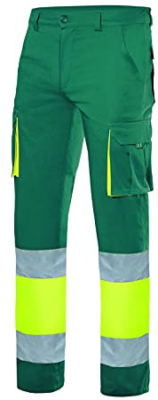 303002s serie tvåfärgade stretchbyxor med flera fickor med hög synlighet, Grön och fluorgul, XXL