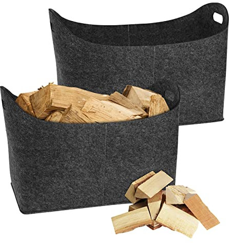 Aufun 2 bolsas de fieltro XXL,Cesta para Leña de Chimenea Hecha de Fieltro Extragrueso, Cesto Leñero con Asas Reforzadas para guardar madera, periódicos, leña (55 x 30 x 40 cm,Gris oscuro)