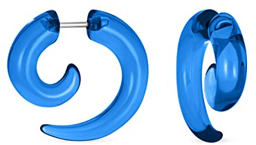 Unisex Translucent Neon Blue Large Round Swirl Spiral Tribal Fake Faux Ear Plug Taper Earrings Acrylic Resin Surgical Steel Women Men Teen
