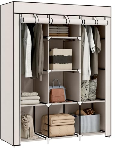 HOMCOM Armario de Tela Plegable, Armario Portátil con 2 Barras para Colgar, 8 Estantes, Marco de Acero, para Dormitorio, Vestidor, 125x43x162,5 cm, Crema