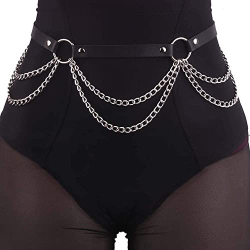 Crazy Bean Punk KettengüRtel Taille KöRperkette GüRtel Schwarz Leder Taillenkette GüRtel Verstellbare TaillengüRtel füR Rock Rave Damen MäDchen（B）