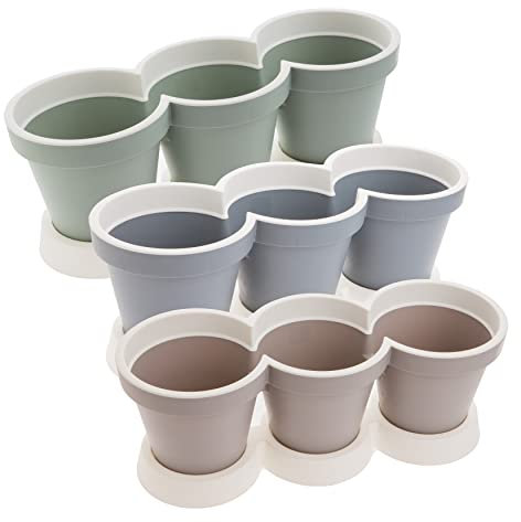 Kräutertöpfe mit Untersetzer 3er Set, Kräutertöpf Kräutergarten Kräuterregal mit Drainage und Schutz vor Staunässe, Farben: Pastellgrau,Pastellsand,Pastellblau, Material: Kunststoff, Made in EU