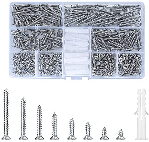 Ensemble de 420 vis autotaraudeuses à tête plate, vis cruciformes pour tôle, vis à tête fraisée pour machines, vis à bois en acier inoxydable, inclut 20 chevilles murales, M3x(6/8/10/12/16/20/25/30)mm