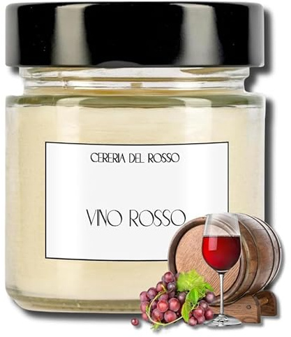 CERERIA DEL ROSSO Candela Profumata Cera di Soia 100% Naturale Aromaterapia Profumo Intenso Fino a 40 ore Idea Regalo Occasione Made in Italy Varie Fragranze (Vino Rosso)