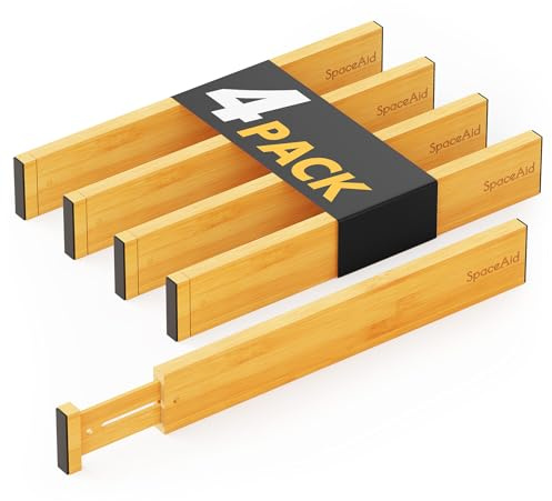SpaceAid 4 Pack Bamboo Drawer Dividers with Labels, Kitchen Adjustable Drawer Organizers, Expandable Organization for Home Clothes Dressers (17-22 in, Natural)