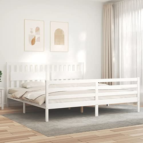 Gecheer Massiv träsäng, träsäng, massivt trä, säng, dubbelsäng/enkelsäng, balksäng, sängram, sängram, ribbotten med sänggavel vit, 200 x 200 cm typ 2