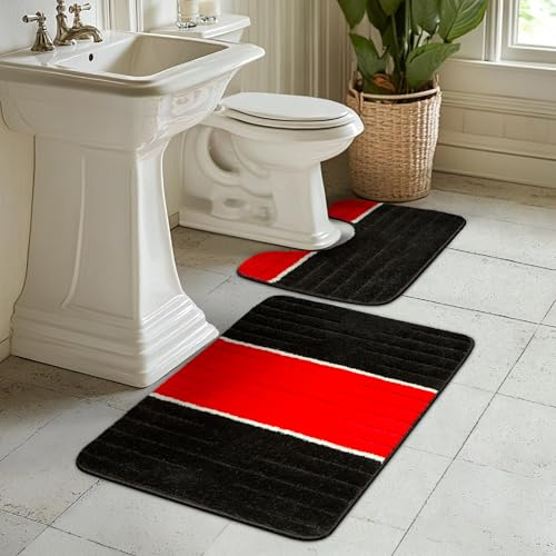 AKCILA COMO Bad Teppich Rot 50x80 + 40x60 cm|2-teiliges Set Badezimmerteppich|absorbierende Badematte bunt |Bad Vorleger waschbar|Rechteckig Badewanne Rutschfest|Badematten & Badteppiche|Bathroom Rug