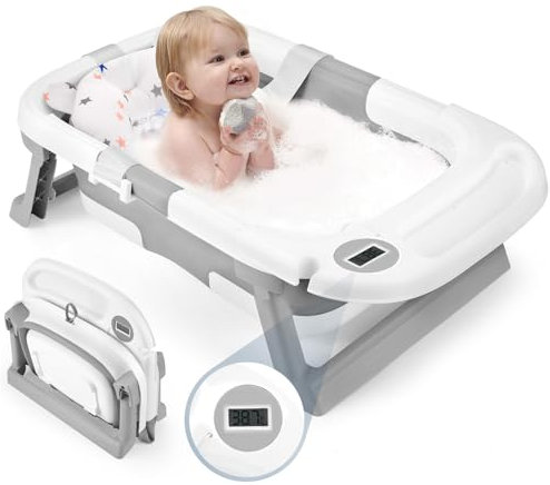 Baby Badewanne, Neugeborene Bad Essentials, Faltbare Badewanne für Kleinkind 0-6-12 Monaten Geeignet, Portable Baby Bathtub mit weichem Kissen, Temperatursensor und Tablett