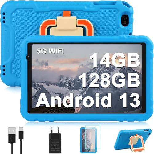 AOCWEI Tablet da 10 pollici per bambini Android 13 14GB RAM+128GB ROM (512GB espandibile)|Octa-Core|Full HD IPS|8000mAh |5MP+8MP |5G WIFI |Custodia EVA a copertura totale, blu
