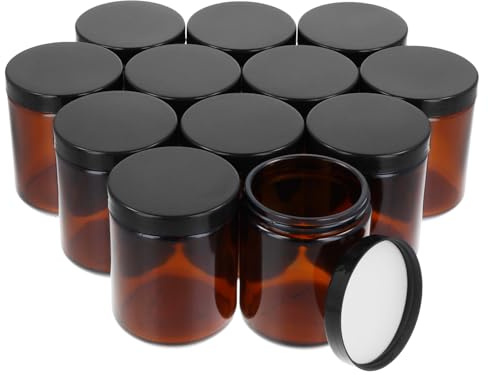 QWORK® 12 Piezas frascos de vidrio ámbar de 240 ml con tapas negras, recipientes multiusos con protección UV, para aceites escenciales y lociones