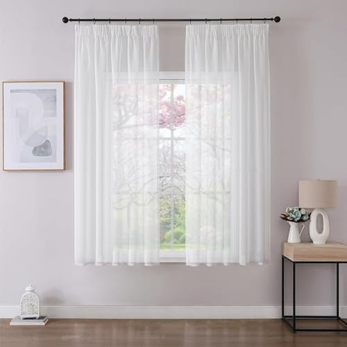 Joydeco 2er Set H160 x B140 cm Weiß Voile Kurz Gardinen Vorhänge mit Kräuselband Transparent Polyester Vorhang Modern Wohnzimmer Schlafzimmer