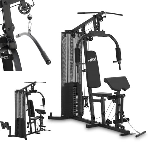 ArtSport Kraftstation ProfiGym 3000 mit 14 Gewichten, 77 kg - Bizeps, Lattzug, Butterfly, Brust- & Beinpresse - Fitnessstation für Zuhause - Schwarz