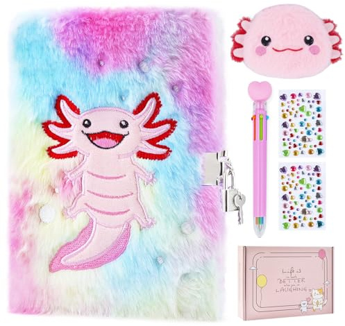 PJDRLLC Axolotl Diario con serratura, regalo per bambina di 8, 9 e 10 anni, diario segreto con portamonete, penna multicolore, adesivi, regalo pratico per compleanno Natale