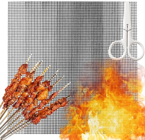 Dewocke 3 Pieces Non-Stick Grid Grill Mat, BBQ Grill Mesh Mat Set, Heat Resistant Teflon Grill Mats, Reusable Grill Mats for Grilling Meat, Vegetables, Cooking, Baking, Grilling and Baking, 40x33cm