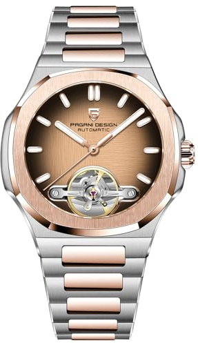 TAYSHILEY Pagani Design YS025 - Orologio da polso meccanico automatico da uomo, 42 mm, in acciaio inox, impermeabile fino a 100 m, quadrante in vetro zaffiro, corona a vite, dorato, Sportivo