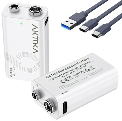 AKTTKA Pack da 2 Batterie al Litio Ricaricabili 9V da 1000mAh, con Cavo di Ricarica Type-C – Ideali per Dispositivi di Precisione come Multimetri Portatili, Rilevatori di Metalli e Tester di Cavi