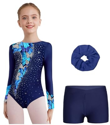 Rswnyirn 3 Pièces Ensemble de Gymnastique Enfant Fille Justaucorps de Gym avec Short et Chouchou Tenue Spectacle 5-16 Ans
