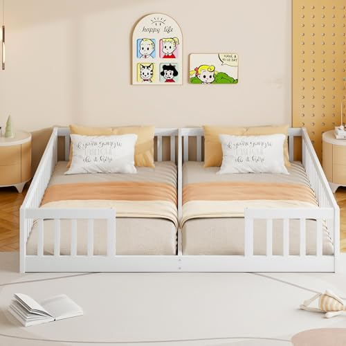PUGSDRLY 2 Lits au Sol 90 x 200cm avec Barrières, Lit Montessori Double en Bois de Pin, Style Minimaliste, Idéal pour Chambre Garçon et Fille, sans Matelas (Blanc, Sommier Inclus)