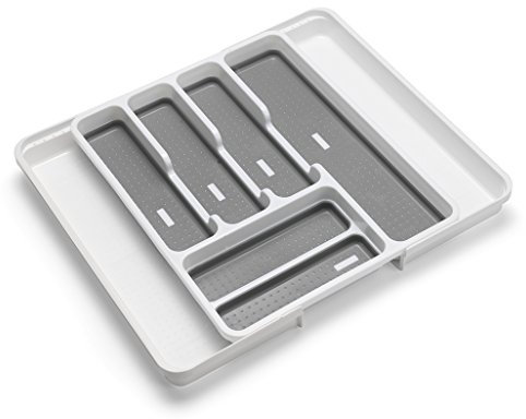 Addis Expandable Drawer Organiser Cutlery Utensil Tray with 6 - 8 Compartment Holders, White/Grey, 34 - 58.5 x 41.5 x 5 cm