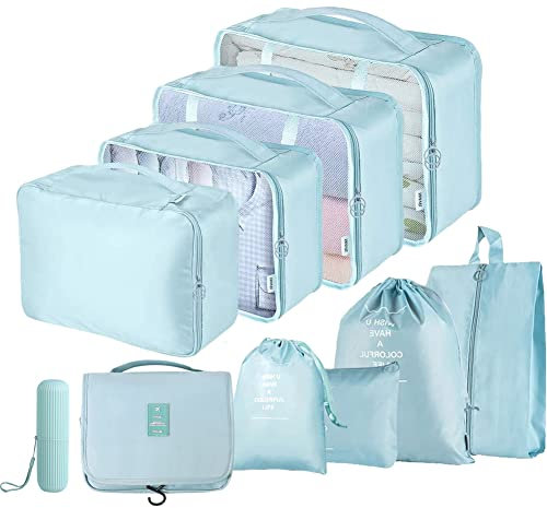 Toifucos 10pcs/set Travel Packing Cubes: Waterproof, See Through, Durable Travel Luggage Organizers with Mesh Top, Blue