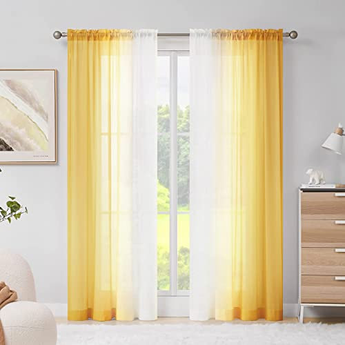 Melodieux Yellow Ombre Voile Curtains - Chiffon Gradient Rod Pocket Draps, Semi Transparent Lightweight Sheer Curtain for Window, Living Room, Indoor, Outdoor (56x81 inch, 2 Panels)