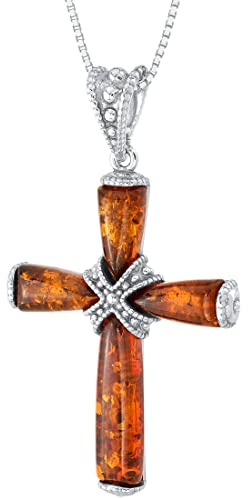 PEORA Genuine Baltic Amber Milgrain Cross Pendant Necklace for Women 925 Sterling Silver, Rich Cognac Color with 18 inch Chain, Real Baltic Amber Necklace for Adults, 100% Natural from Baltic Region