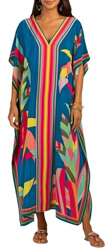 Bsubseach Femme Caftan Robe Cache Maillot de Bain Kaftan Maxi Longue Tunique Bohème Boho Eté Djellaba Kimono Bleu