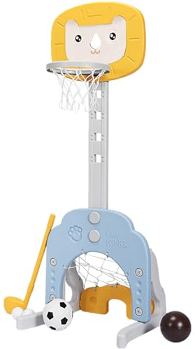 COSTWAY Basketball Hoop Set, 3 in 1 Sports Activity Center with Basketball, Soccer Ball & Golf Set, Height Adjustable Basketball Stand Best Gift for Baby Toddler (Yellow Lion)