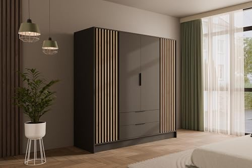 ALTDECOR Kleiderschrank mit selbstschließenden Lamellentüren, Lamellen, Flügeltüren - Nelia - 200 cm Graphit