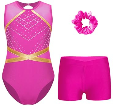 TiaoBug Flicka gymnastikdräkt metallisk gymnastikdräkt med flamma ärmlös tröja leotard gymnastik shorts korta byxor dans kläder set het rosa G 170