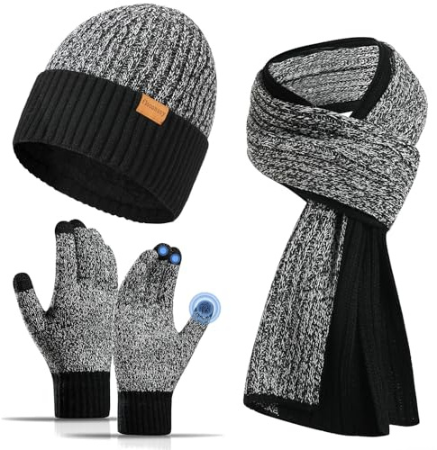 floconssy 3 PCS Men's Winter Hat Scarf Gloves Set, Warm Knit Beanie Thermal Long Scarf fleece lined Touchscreen Gloves for Cold Weather Black Grey