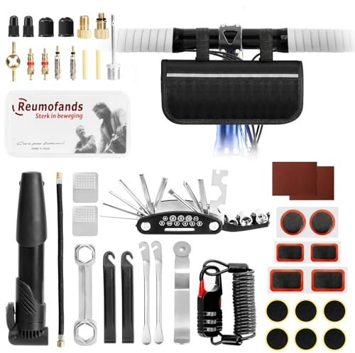 Hossom Fahrrad Werkzeugset, 40Pcs Fahrrad Reparaturset Fahrradwerkzeug mit Minipumpe, 16-in-1 Fahrrad Multitool, 12 Fahrrad Flicken, Knochenschlüssel, Saddle Bag, Fahrradschloss für Unterwegs